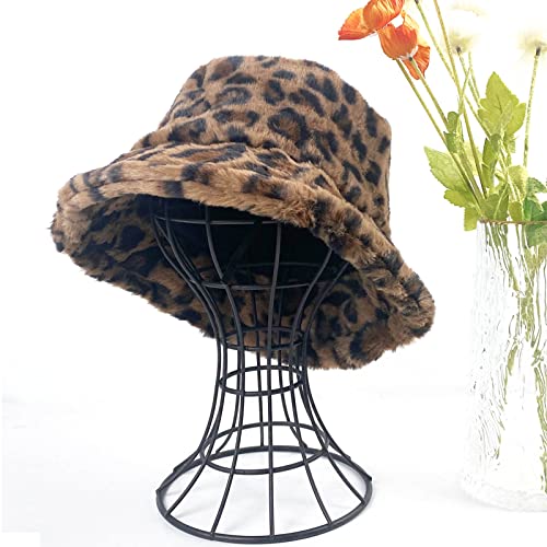 Bucket Hats Furry Cheetah Elegant Leopard Fashion Print Women Men Plush Cap Warm Faux Fur Soft Outdoor Fisherman Hat Adjustable Winter Spring (Black/Brown) #TOP3
