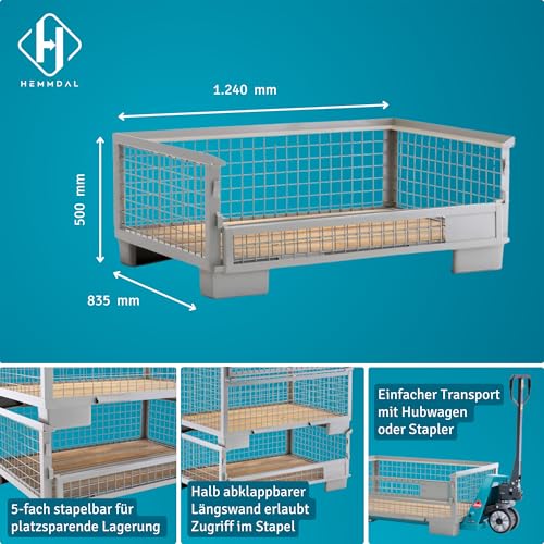 HEMMDAL Industrie-Gitterbox mit halb abklappbarer Längswand | 1.500 kg Tragkraft | HxBxT 50 x 124 x 83,5 cm | Grau | 5 x 5 cm Maschenweite | aus Stahl | niedrige Bauart | stapelbar| Gitterbehälter