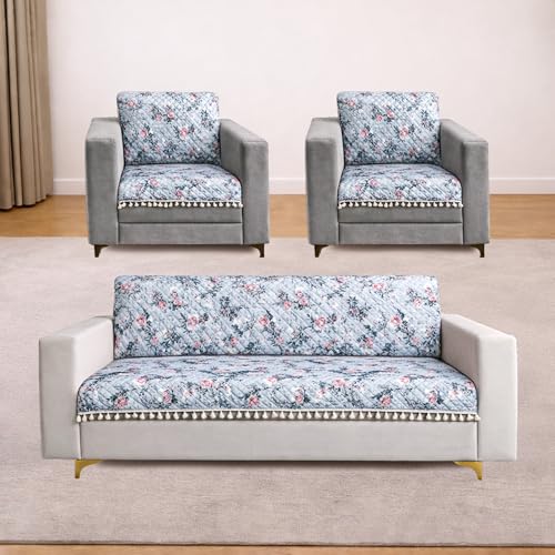 Image of Homerz Premium Printed Quilted Velvet Sofa Slip Cover Protector with Tassels, Sofa Mat, Exact Size, Antislip Cover (Grey Autumn, 5 (3+1+1) Seater, Full)