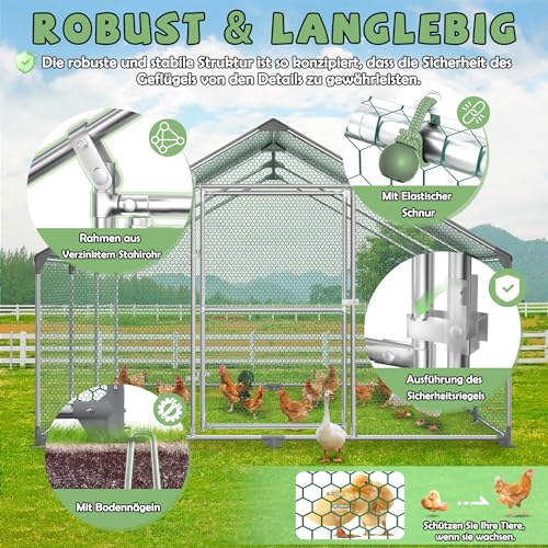 Froadp Pollaio Voliera All'aperto Grande Recinto per Polli Ruspanti con Copertura di Protezione Solare in PE Gabbia Recinto per Polli Recinto per Esterni con Struttura in Acciaio Zincato (3x2x2m) - immagine 5