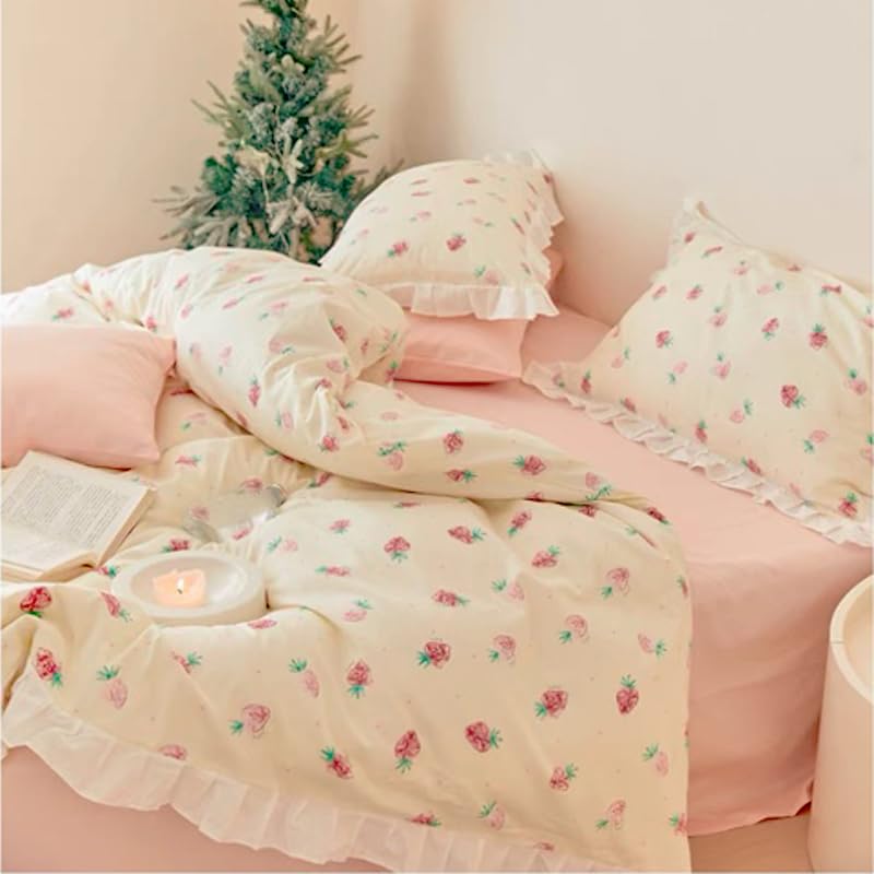 Ruffle Duvet Cover Queen Size Cream Ruffle Duvet Cover Set Simple Bedding Duvet Cover Set Minimalist Solid Comforter Cover with Zipper Ties Cream Strawberry Queen