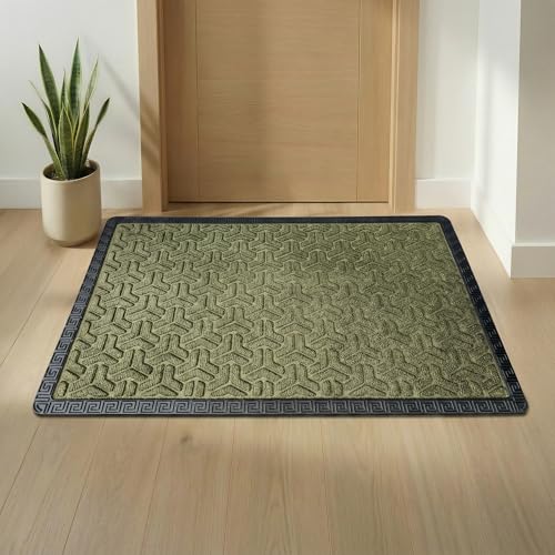 Image of Yellow Weaves Large Size (60x90 cm) Door Mat for Home Entrance, Outdoor Rubber Mat - Non-Slip, Anti Skid Foot Mat, Dirt Trapper, Heavy-Duty, Waterproof Doormat (Triangle Design, Olive Green Color)