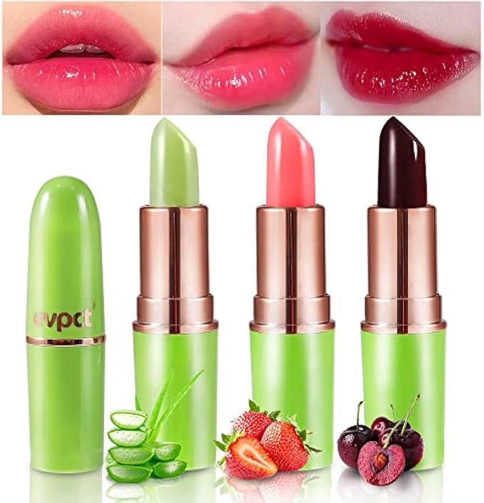 evpct 3Pcs Aloe Vera Strawberry Black Red Cherry Lip Balm Color Changing Lipstick Set PH Mood Magic Lipstick Long Lasting waterproof 24 hour labiales magicos pintalabios permanente 24 horas originales