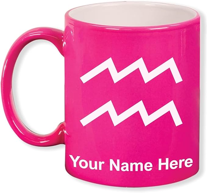 LaserGram 11oz Round Ceramic Coffee Mug, Zodiac Sign Aquarius, Personalized Engraving Included (Pink)