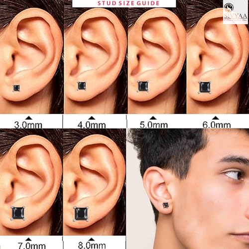 Image of SIVYAA Men's Single White /Black Square Solitaire Diamond Stud Earrings | Pure 925 Sterling Silver | Princess Cut Swiss Cubic Zirconia Ear Tops | Gift Item for Men and Boys | 6 Month Warranty