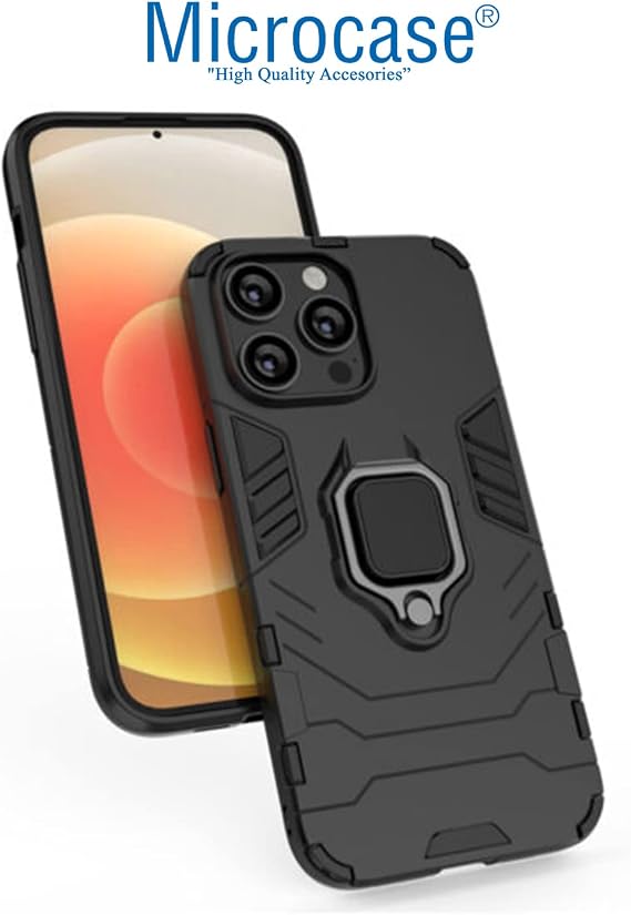 Microcase Apple iPhone 14 Pro Batman Serisi Yüzük Standlı Armor Kılıf - Siyah