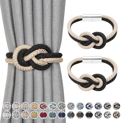 Pretty Jolly 2 Pack Mini Magnetic Curtain Tiebacks Nordic Simple Style Drape Tie Backs Elegant Hand Weave Rope Knot Decorative Curtain Holdbacks for Home & Office Window Drapery (Black & Beige)