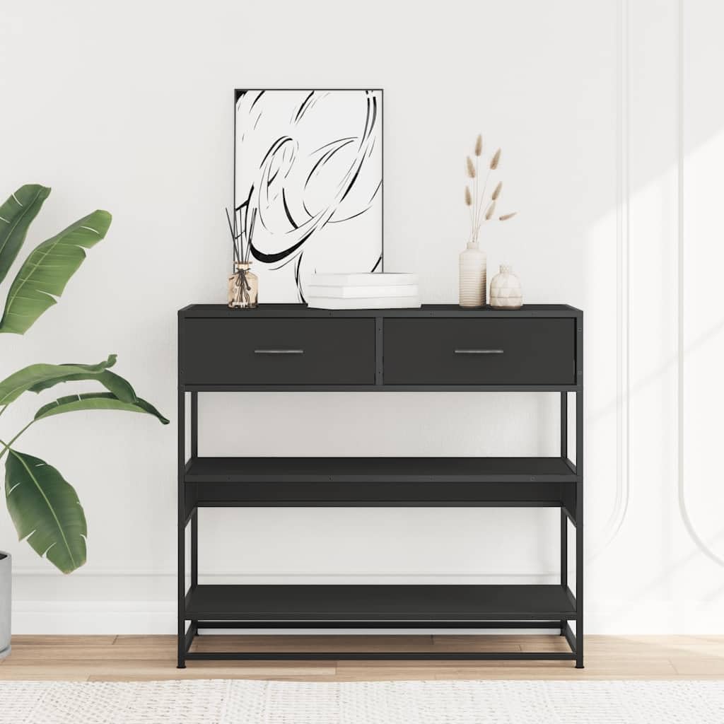 Tavolo consolle nero 90 x 35 x 80 cm in legno e struttura in metallo Design moderno con cassetti e ripiani, robusto mobile per soggiorno, camera da letto e corridoio