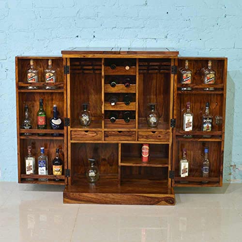 Image of Solid Sheesham Wood Bar Unit Cabinet With Storage Bottle Shelve & Built-in Glass Holder Brass Studs Drink Wine Rack Organizer For Living Room Home & Lounge Dining Cupboard Liquor Furniture