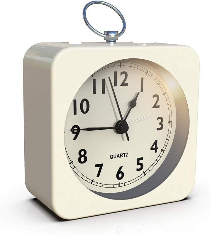 Kadio Battery Operated Alarm Clock with Square Metal Case,No Ticking Analog Quartz, Simple Operation for Bedroom/Travel/Desk/Mantel/Kids (Cream)