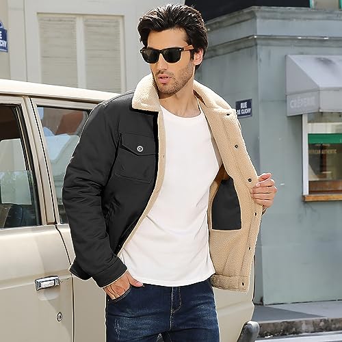 Mens Winter Jacket Thick Thermal Cotton Warm Fleece Lined Sherpa Jacket Trucker Lapel Work Cargo Jackets Coat Outerwear4