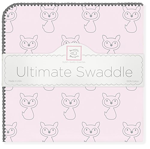 SwaddleDesigns Ultimate Winter Swaddle, X-Large Receiving Blanket, Made in USA, Premium Cotton Flannel, Gray Fox on Pastel Pink (Mom's Choice Award Winner)