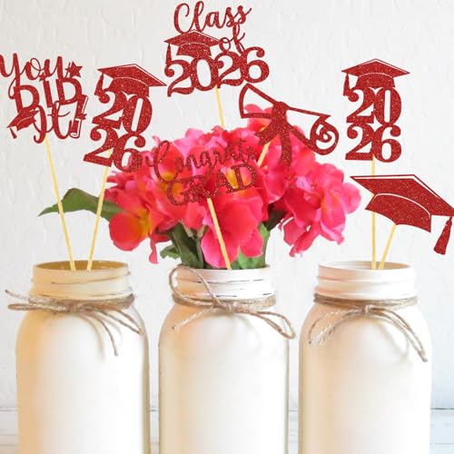 Image of Graduation Centerpiece Sticks 24PCS Glitter Grad Picks Party Table Decor Senior High School College Sign Red