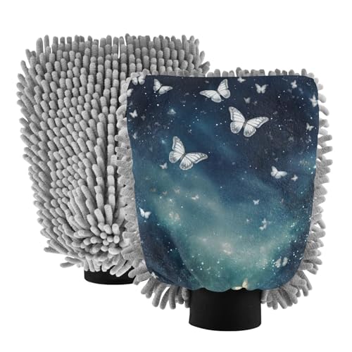 IOACIY Absorbent Microfiber Car Wash Drying Mitts, 2 Pack, Scratch-Free & Lint-Free, Rich Foam, Highly Absorbent, Double Sided, Wash Mitt Perfect for Car Washing, M, Fantasy Starry Sky Butterfly (1)