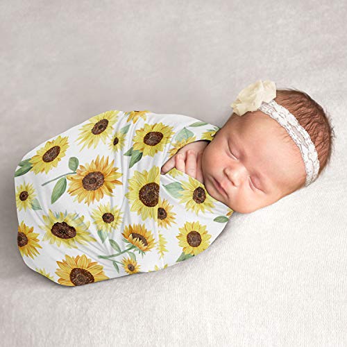 Sweet Jojo Designs Sunflower Baby Girl Swaddle Blanket Jersey Stretch Knit for Newborn or Infant Receiving Security - Yellow and Green Farmhouse Floral Watercolor Flower