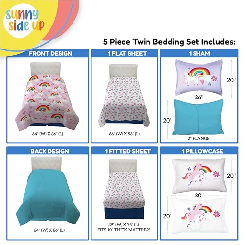 Image of Sunny Side Up Rainbow Unicorns Twin Comforter Set - 5 Piece Kids Bedding Includes Comforter, Sheets & Pillow Cover - Super Soft Pink Floral Microfiber Bed Set
