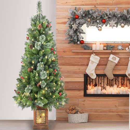 Pre-lit Artificial Christmas Tree 4ft, 256 Branches Tips Potted Decorated Pine Xmas Tree with LED Lights & 12 Red Berry & 12 Pinecone for Indoor Outdoor - Image 4