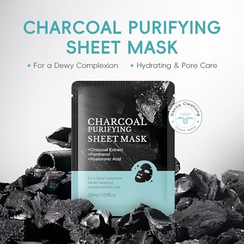 Image of 3 Pack Charcoal Purifying Sheet Mask, Deep Purifying Pore, Hydrating, Gentle Care Skin, Rejuvenating Clarity Collagen Essence Facial Mask with Charcoal Extract & Hyaluronic Acid for Women