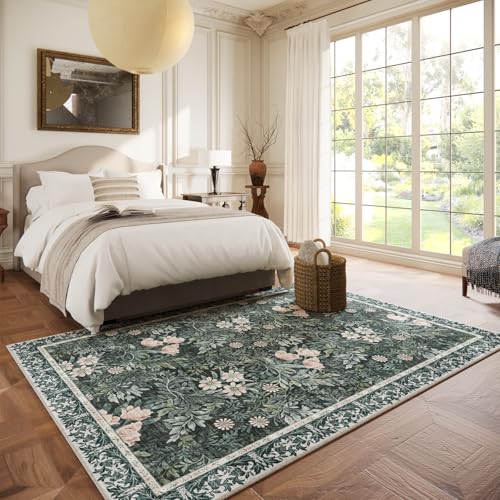 Image of Vintage Floral with Ornate Border Washable 5x7 Area Rug, Soft Low Pile Carpet for Living Room, Dining Room Under Table, Bedroom | Non-Slip, Stain Resistant & Durable