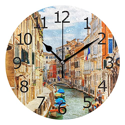 ALAZA View of The Rio Marin Canal Venice Italy Clock Acrylic Painted Silent Non-Ticking Round Wall Clock Home Art Bedroom Living Dorm Room Decor