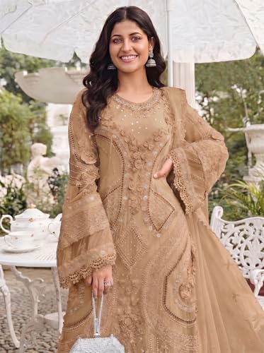 Image of RUDRAPRAYAG Women's Georgette Fabric Wih Embroidered Sequence Work And On Neck Moti Hand Work Semi Stitched Sharara Salwar Suit With Dupatta Set