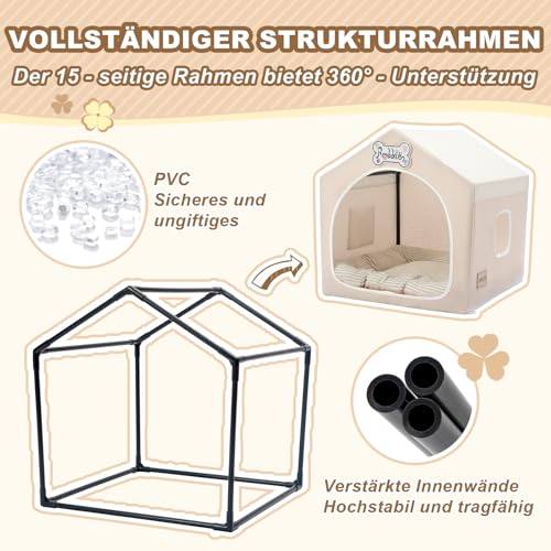 Jiupety Hundehöhle Hundehütte Indoor mit Rahmen, Waschbare, Zusammenklappbare Hundezelt, Hundehaus für Drinnen, Belüftbares Hundebett mit Dach für 4-9 kg, M Größe 43x43x43 cm, Beige