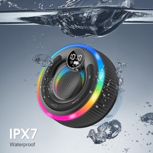 Image of Bluetooth Speaker, Shower Speaker Stereo Sound, IPX7 Waterproof Speakers, Digital Display Portable Speaker with Suction Cup, LED Light, Small Wireless Speakers for Outdoor Party Beach Bathroom, Black