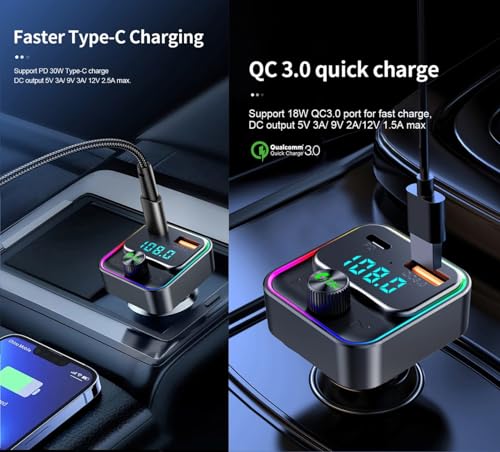 Image of VeeDee T60 Bluetooth 5.3 FM Transmitter Car Adapter 48W (PD 30W & 18W), 2 LED Light Modes, USB Port, Light Switch, Wireless FM Radio Transmitter, Supports MP3 Player, Handsfree Calling