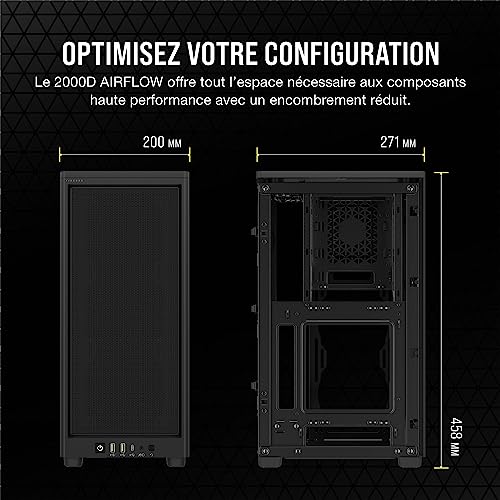 Corsair 2000D AIRFLOW Boîtier PC Mini-ITX - Format Mini-ITX - Panneaux en Acier Maillé - Trois Emplacements GPU - Optimisé Pour le Refroidissement - Entrées/Sorties Modernes en Façade - Noir