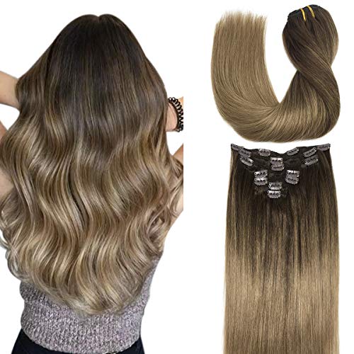 Doores 22 Inch Clip in Human Hair Extensions Ombre Chocolate Brown Highlighted Dirty Blonde Real Hair Extensions Clip in Remy Extensions Straight Thick Hair 120g 7pcs