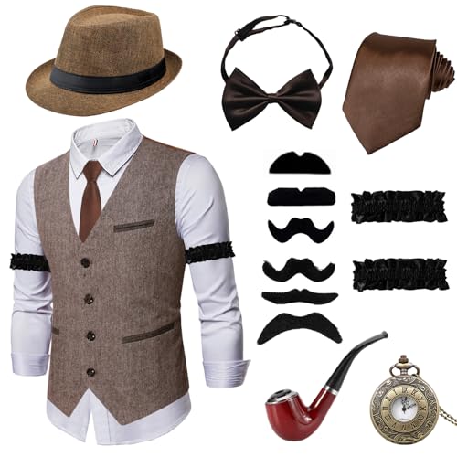 Xerteam Disfraz de los años 20 para hombre, disfraz de los años 20 para hombre de gángster, conjunto de ropa de los años 20 con sombrero marrón, chaleco corbata, pajarita y reloj de bolsillo, 6 bigote