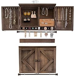 Comfify Organizador de Joyería Rústica - Soporte de Pared para Joyas con Barra de Pulsera extraíble, Estante, Pendientes de Malla de Alambre, 33 Ganchos y Puertas de Granero - marrón Quemado