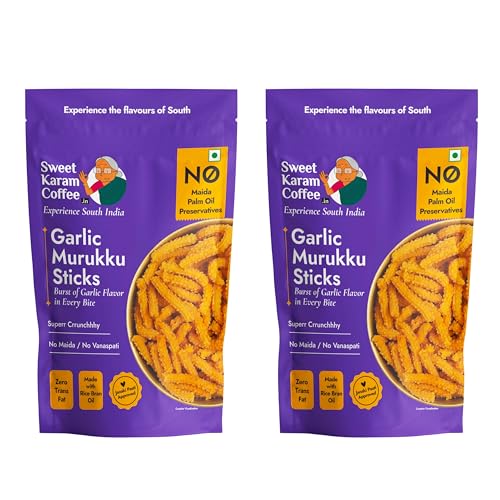 Image of SWEET KARAM COFFEE Garlic Murukku - 95G (Pack of 2)|No Palm Oil & Preservatives|Authentic South Indian Chakli|Crispy & Fresh Tea-Time Namkeen|Festive Snack|Homemade Recipe|Crunchy & Spicy Treat