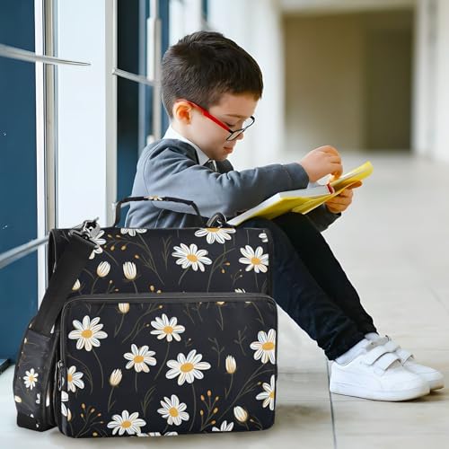 Image of 3 Ring Zipper Binder with Shoulder Strap White Daisy Flower Black 1.5 inch Binders Keeper Large Capacity Multi Pockets for School Office Supplies