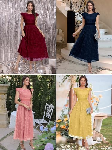 Image of Women's Casual Tulle Midi Dress Ruffle Sleeve Crewneck Lace Flowy Dresses Party Wedding Guest Sundress