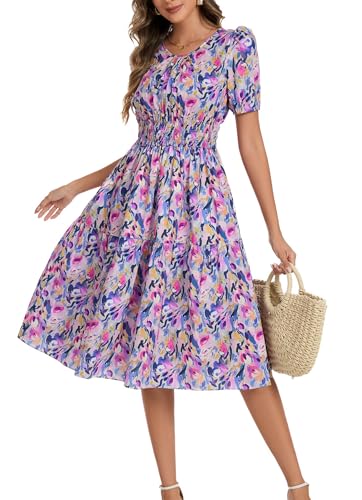 Image of Kormei Women Summer Casual Boho Floral Round Neck Short Sleeve Smocked Waist Tiered Flowy Swing Midi Dress