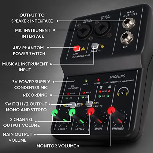 Mini 2 Channel Audio Dj Mixer Console Interface With 48V Phantom Power Combo Jack Microphone/Guitar Xlr+6.35Mm, 3.5Mm Stereo In, Headphone Jack For Studio Live Show,Party Recording #TOP5