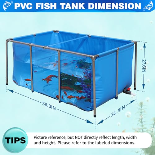 Image of PVC KOI Aquarium Tank, Temporary Fish Tank with Clear Viewing Panel, KOI /Goldfish Pond with 304SS Frame & Drain Valve(59.0 inch L*31.5 inch W*27.6 inch H, About 200Gal Water Capacity)