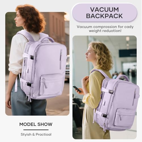 Vacuum Backpack Travel with Pump, 45L Expandable Travel Backpack for Women, Large Storage Vacuum Compression Bags with Shoe Compartment/17inch Laptop Compartment/USB Port, Pink-Purple2