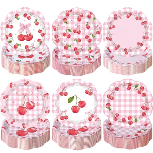 Image of Funnymoom 60 Pcs 7 Inch Cherry Bow Paper Plate Pink Cherries Birthday Decoration She's The Cherry on Top Party Supplies Disposable Scalloped Gingham Dessert Cake Plate for Fruit Baby Shower Party