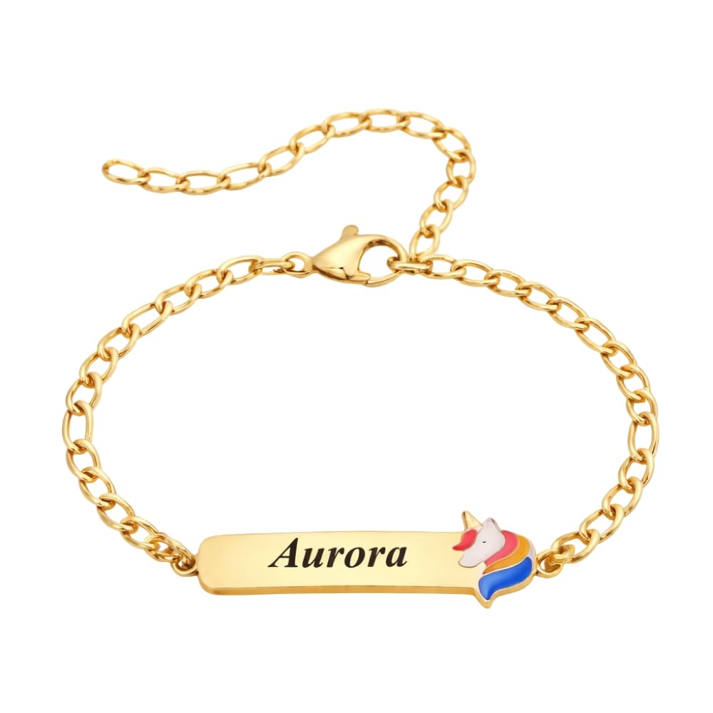 Bracciale Bimba Personalizzato Personalizzabile con Incisione Nome in Acciaio Inox Dorato – Ciondolo Unicorno Smaltato – Braccialetto Bambina Regolabile – Idea Regalo Elegante