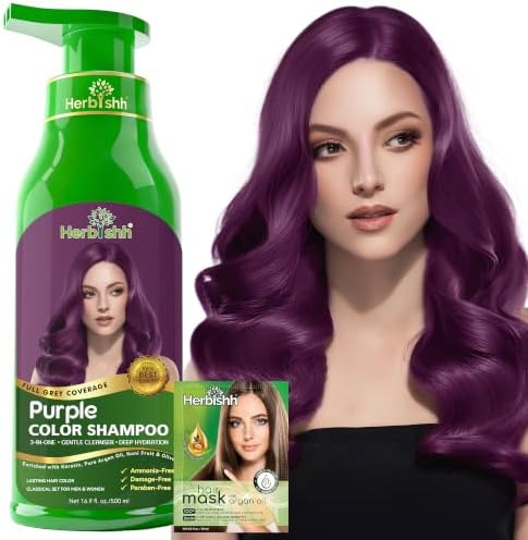 Herbishh Purple Hair Dye Shampoo for Gray Hair Coverage 500ml