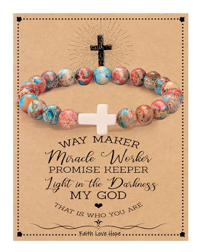 Image of Cross Bracelets for Women, Christian Gifts for Women Stocking Stuffers for Teens Cross Bracelet Imperial Nature Stone Bead Bracelet Confirmation Baptism Gift for Teen Girls Christmas Religious Gift Cathlic Faith Jewelry