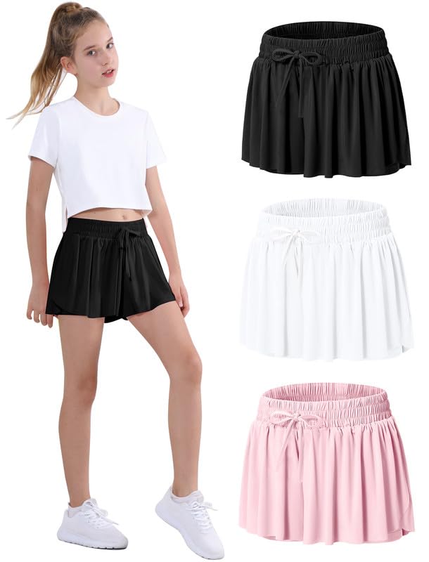 EXARUSGirls Butterfly Shorts Flowy Athletic 2 in 1 Dance Tennis Cheer Skirt Running Preppy Sports Clothes 2-14Y