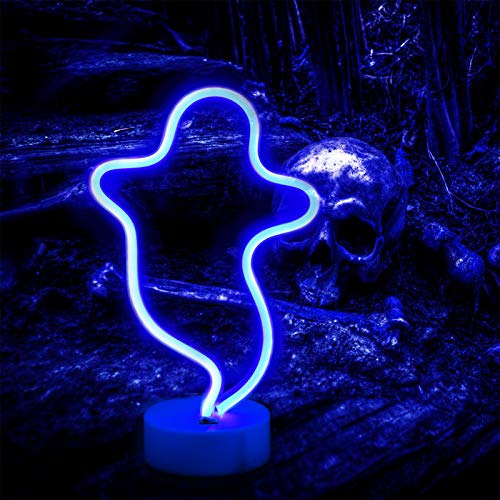 Ghost Neon Signs Night Lights, LED Signs Ghost Shape Lamp Neon Lights for Christmas, Wall, Party Child Kids Teen Bedroom Decor-Ghost with Holder Base(Blue)