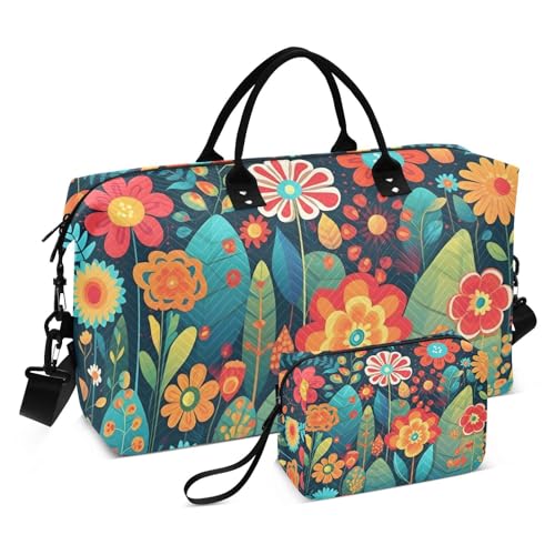 Large Travel Duffel Bag, Black Colorful Floral Sports Tote Gym Bag, Shoulder Weekender Overnight Bag for Women Men, Carry On Luggage with Toiletry Bags