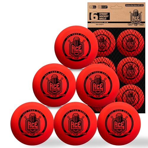 ACE HOCKEY Street Hockey Balls - 6-Pack with Mesh Bag - No-Bounce Outdoor Play PVC Balls for Street Roller & DEK Hockey - Official Size 2 5/8 - High Visibility Orange