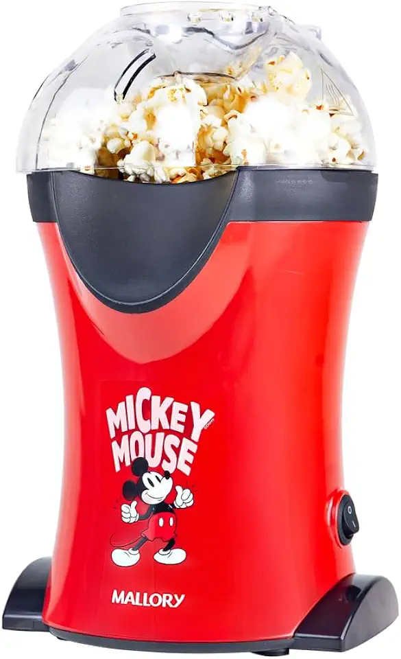 Pipoqueira Elétrica Mallory Mickey Mouse – Pipocas Sequinhas e Sem Óleo, Bocal Expedidor, Copo Medidor para Manteiga e Pés Antiderrapantes - 220V
