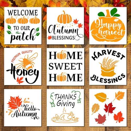 9 Pieces Autumn Stencils for Painting on Wood - Thanksgiving Day Fall Good Harvest for Home Decor - Pumpkin Maple Leaf Stencil - DIY Farmhouse Home Wall Decor Reusable Templates Stencil 8 x 8 inch