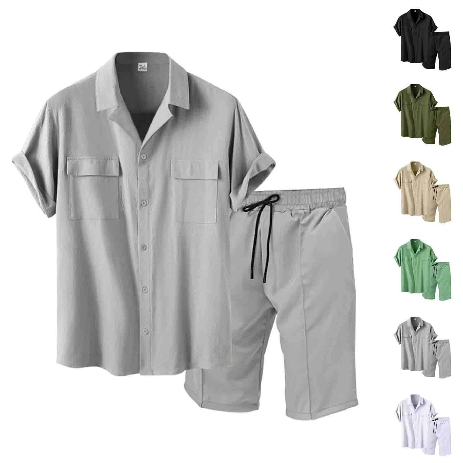 Herren Sommer Outfit Set Hemd Und Shorts Set 2 Teiliges Hemden mit 2 Taschen Kurze Hosen Elastischer Taille Leichte Sommeranzug Freizeitanzug Regular Fit Strandanzug